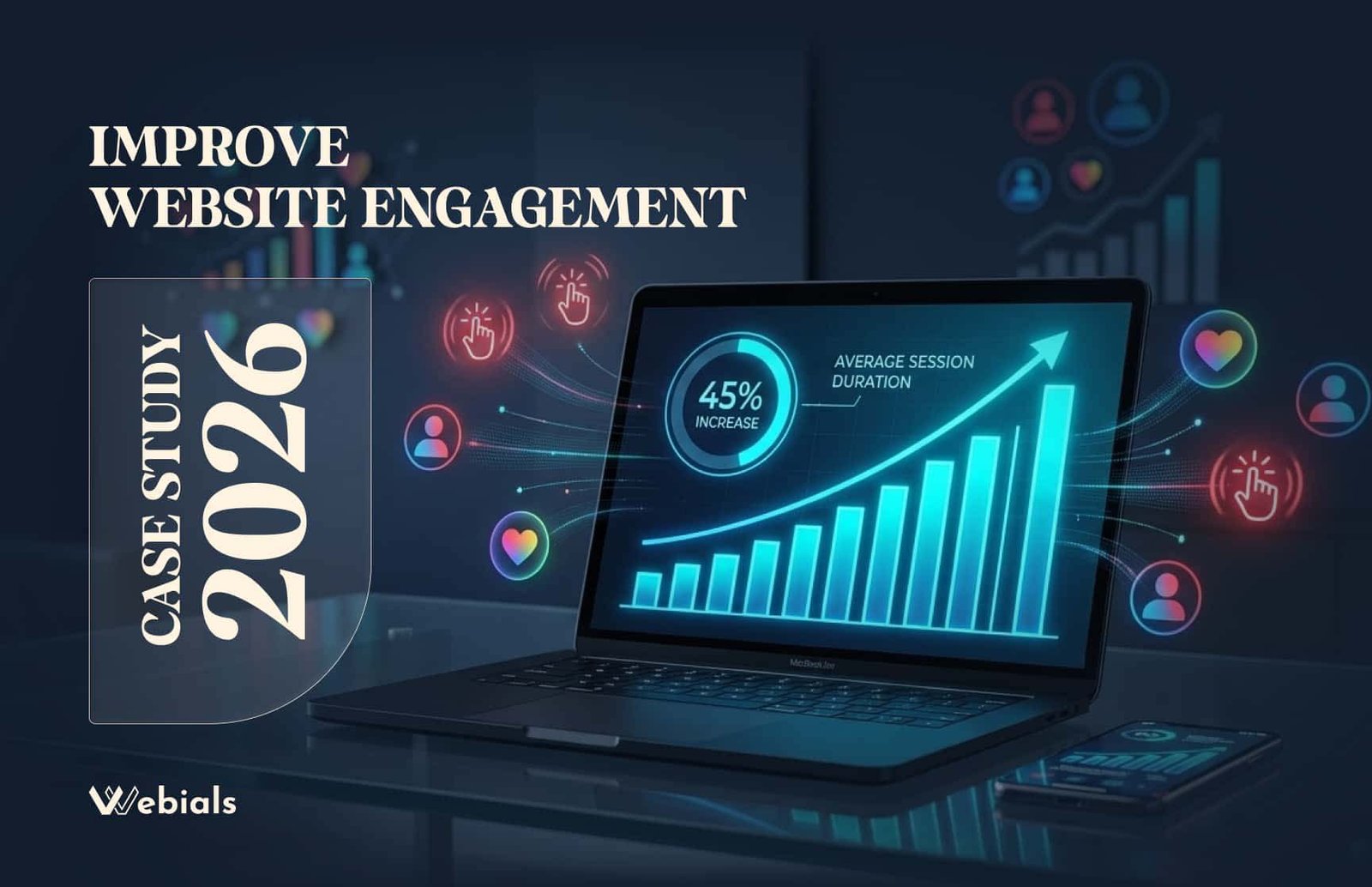 Digital agency case study showing a 45% increase in website engagement and average session duration on a laptop screen with neon blue growth charts.